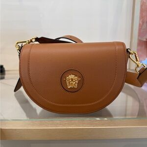 Versace Tan Leather Crossbody Bag with Gold Medusa
